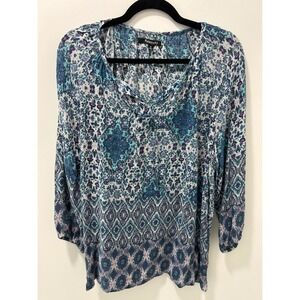Relativity Womens Blue Paisley Floral Rayon Peasant Blouse Split Neck Tie Top M